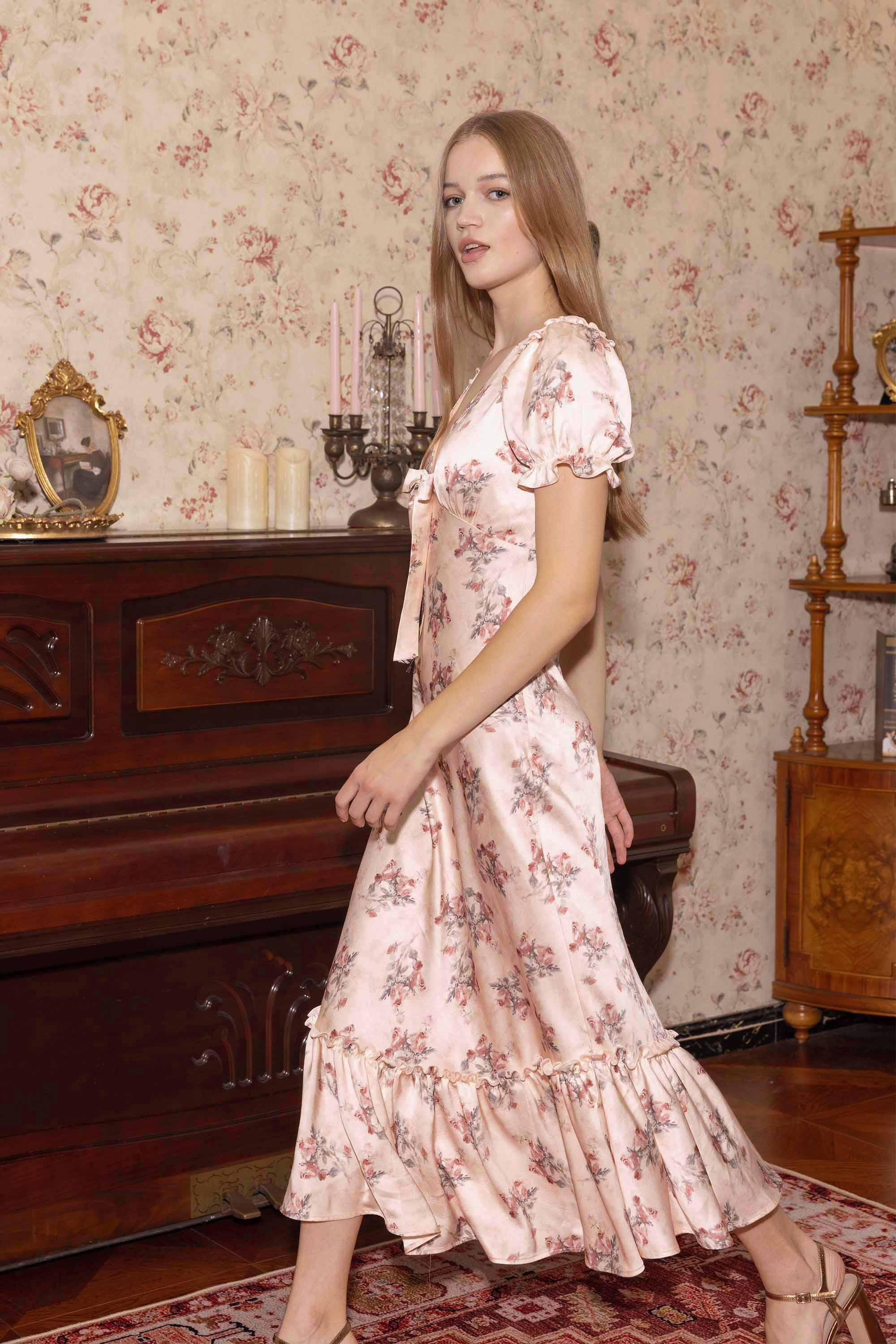 Julia Champagne Satin Floral Maxi Dress