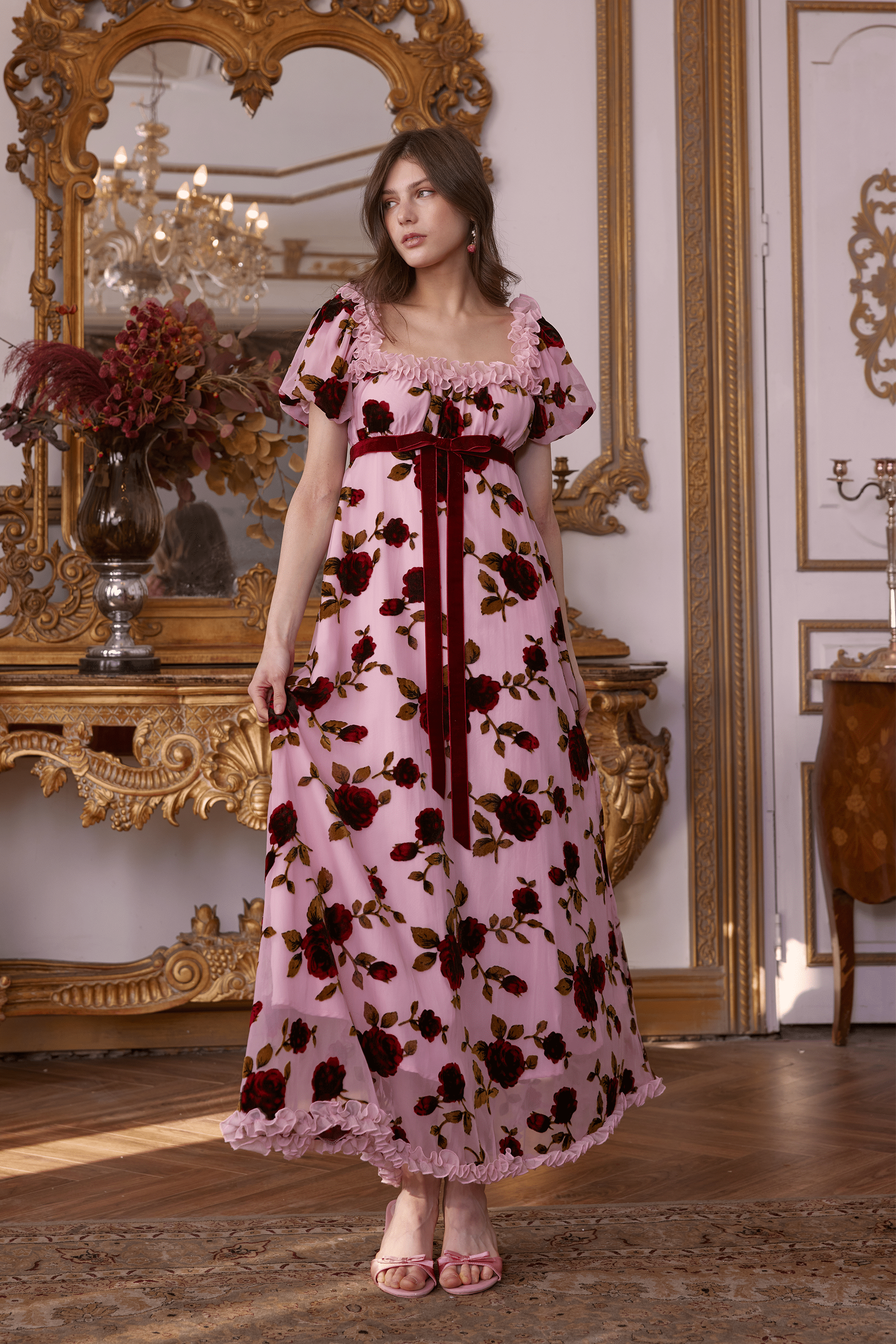 Olivier Squared Neckline Velvet Floral Maxi Dress