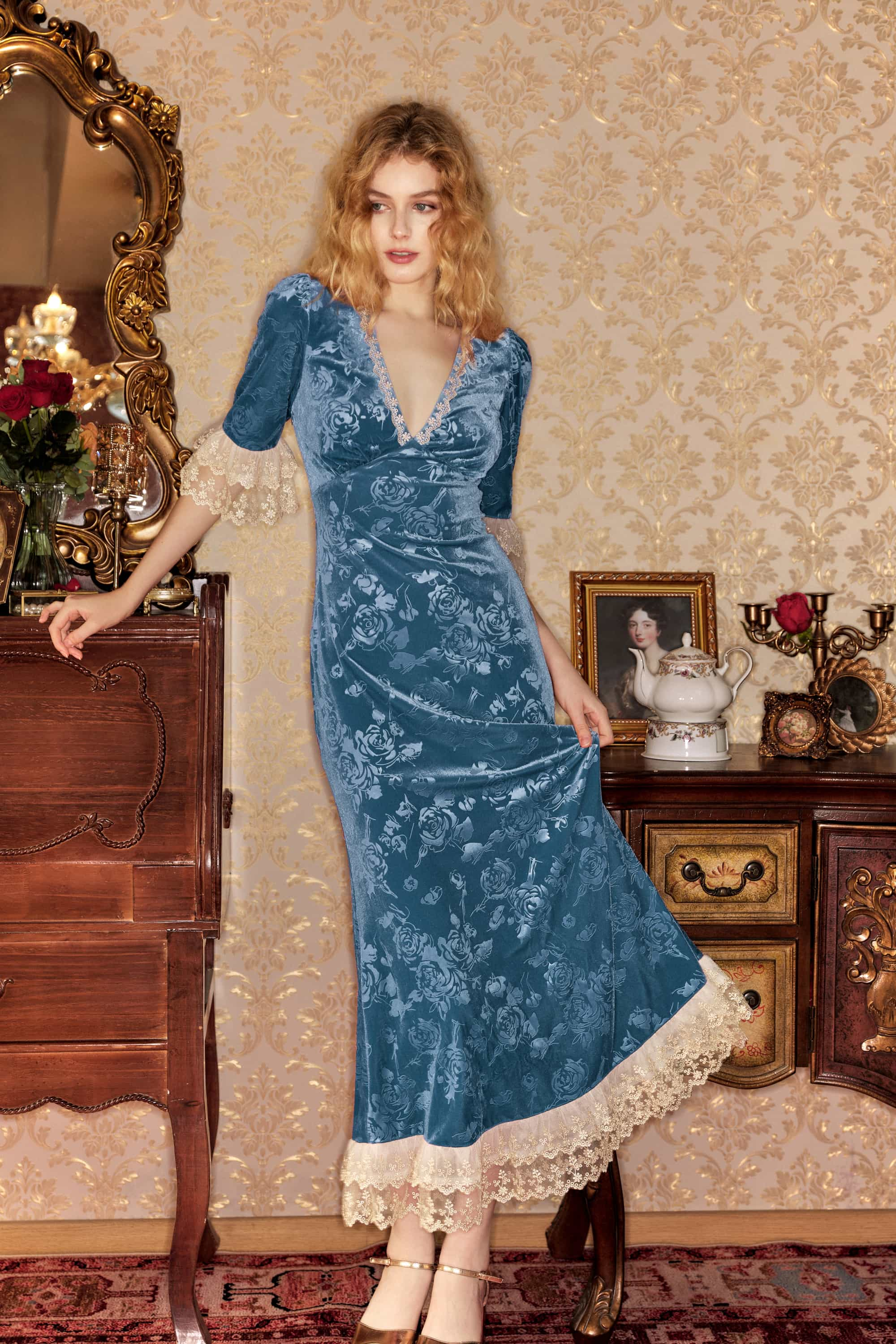 Gwyneth Lace Velvet Maxi Dress in Blue