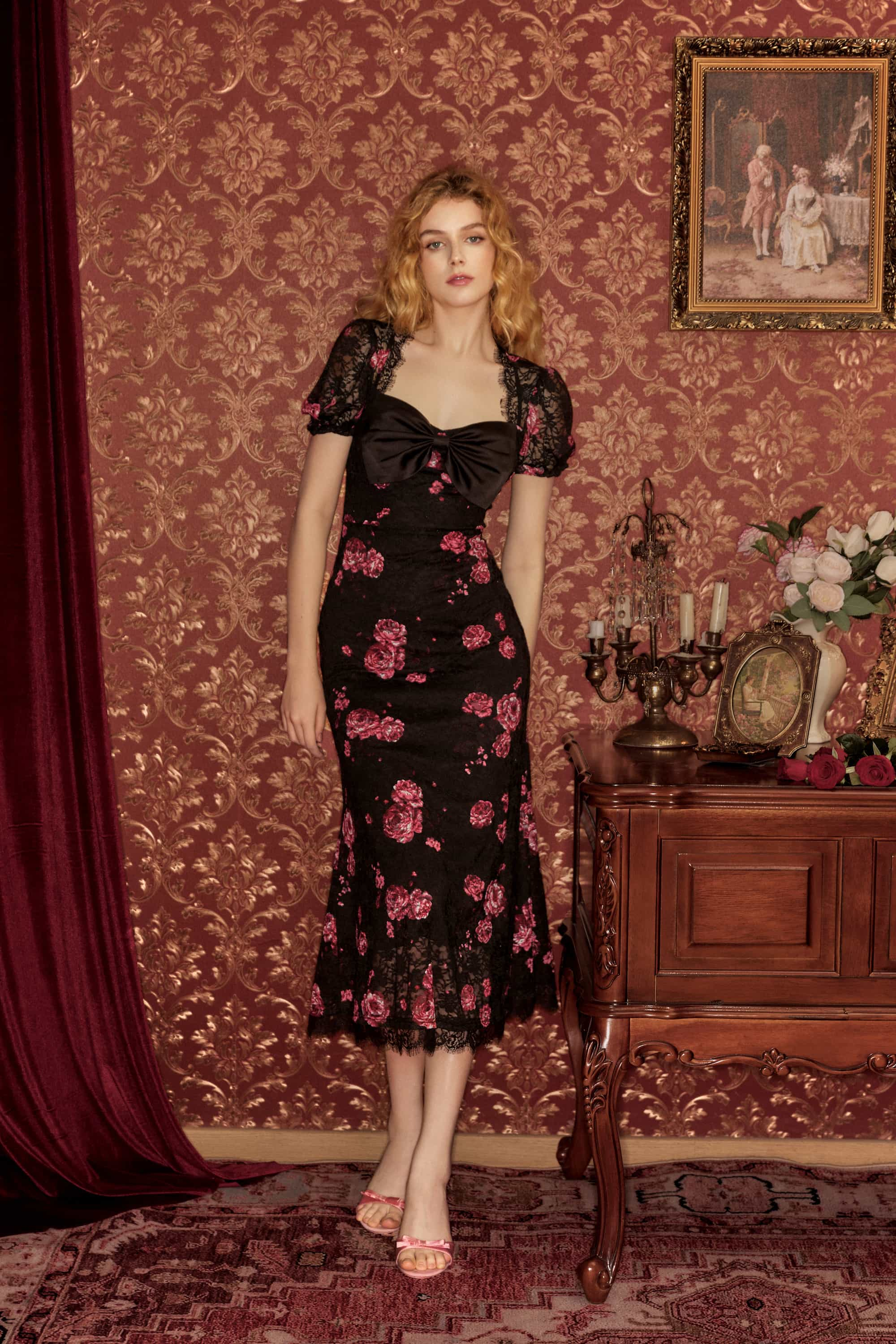 Rose Lace Floral Midi Dress