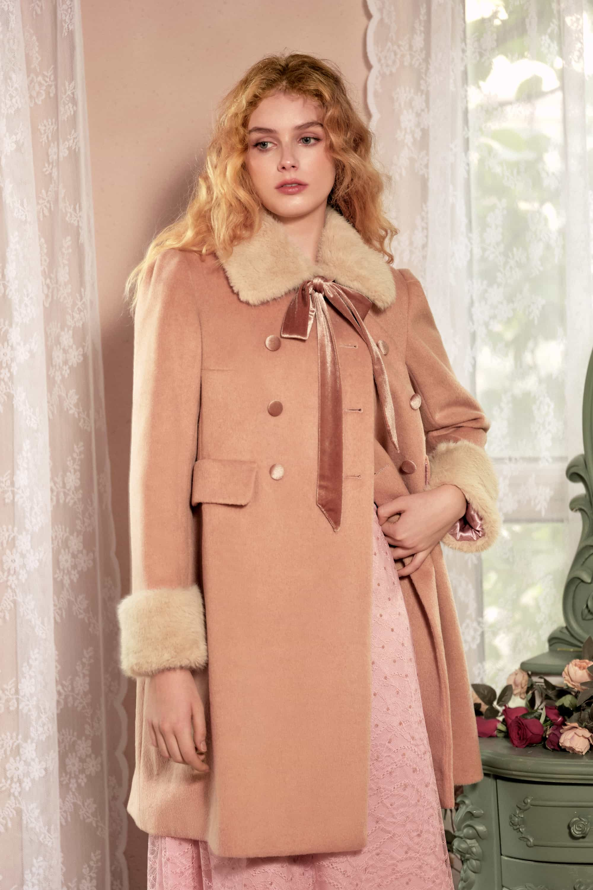 Naya Lapel Bow Coat with Fur Collar