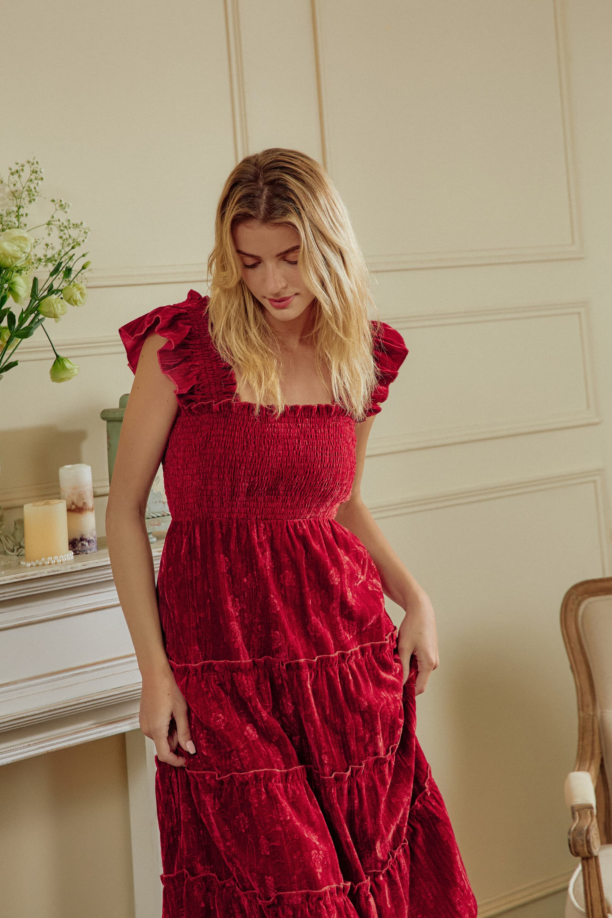 Marisel Ruffled Shoulders Velvet Midi Dress