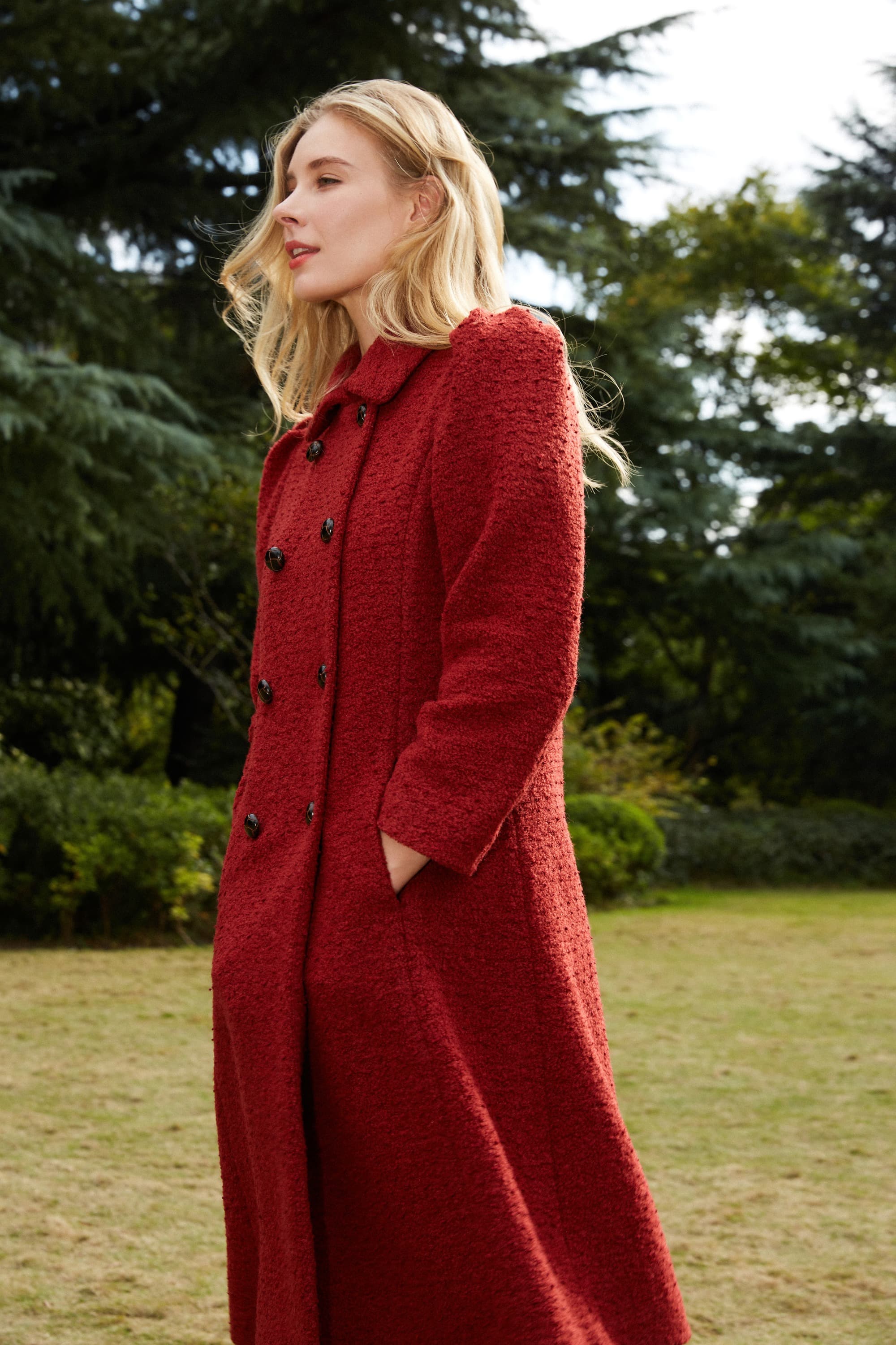 Red wool double breasted coat online