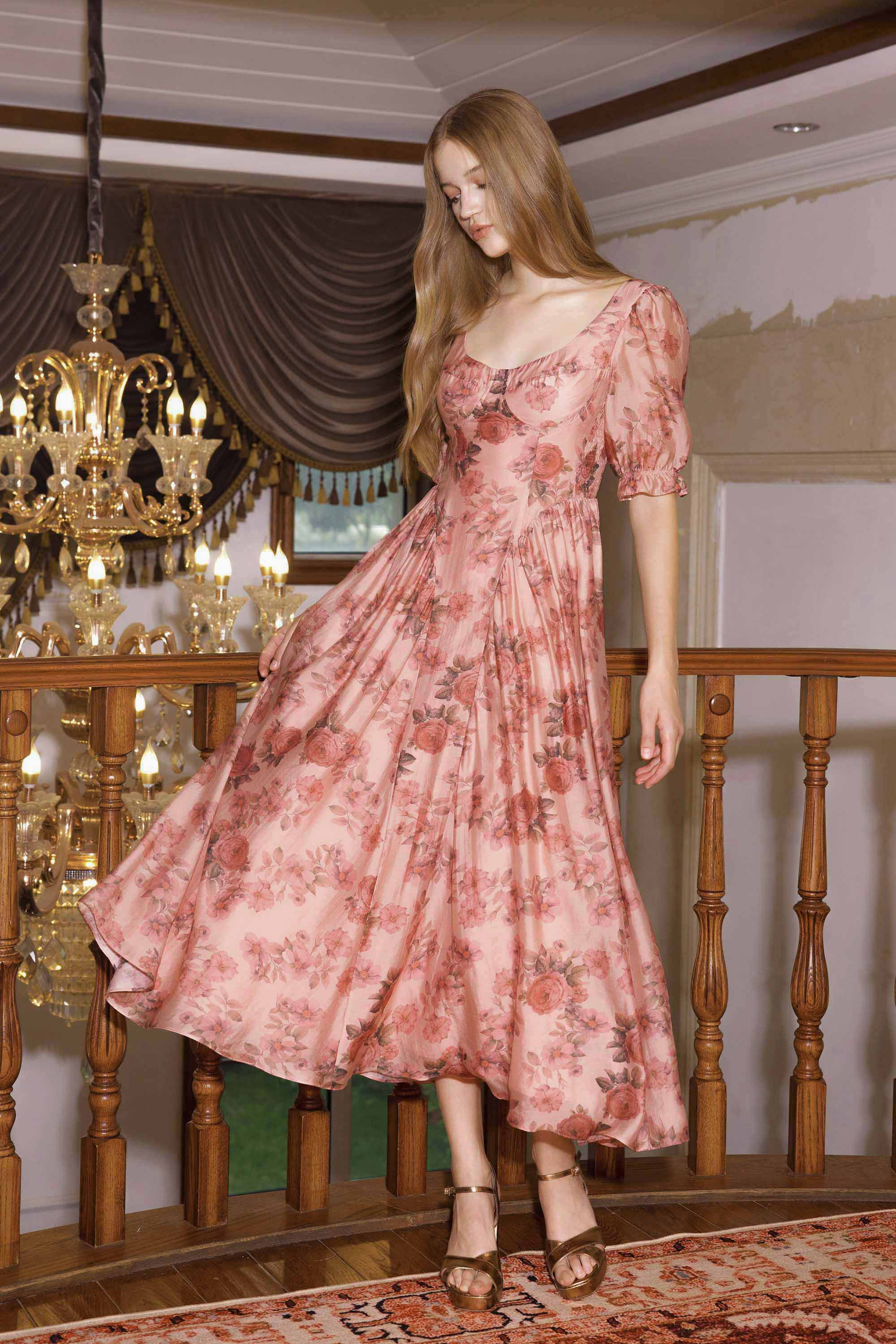 Moren Pink Vintage Floral Midi Dress