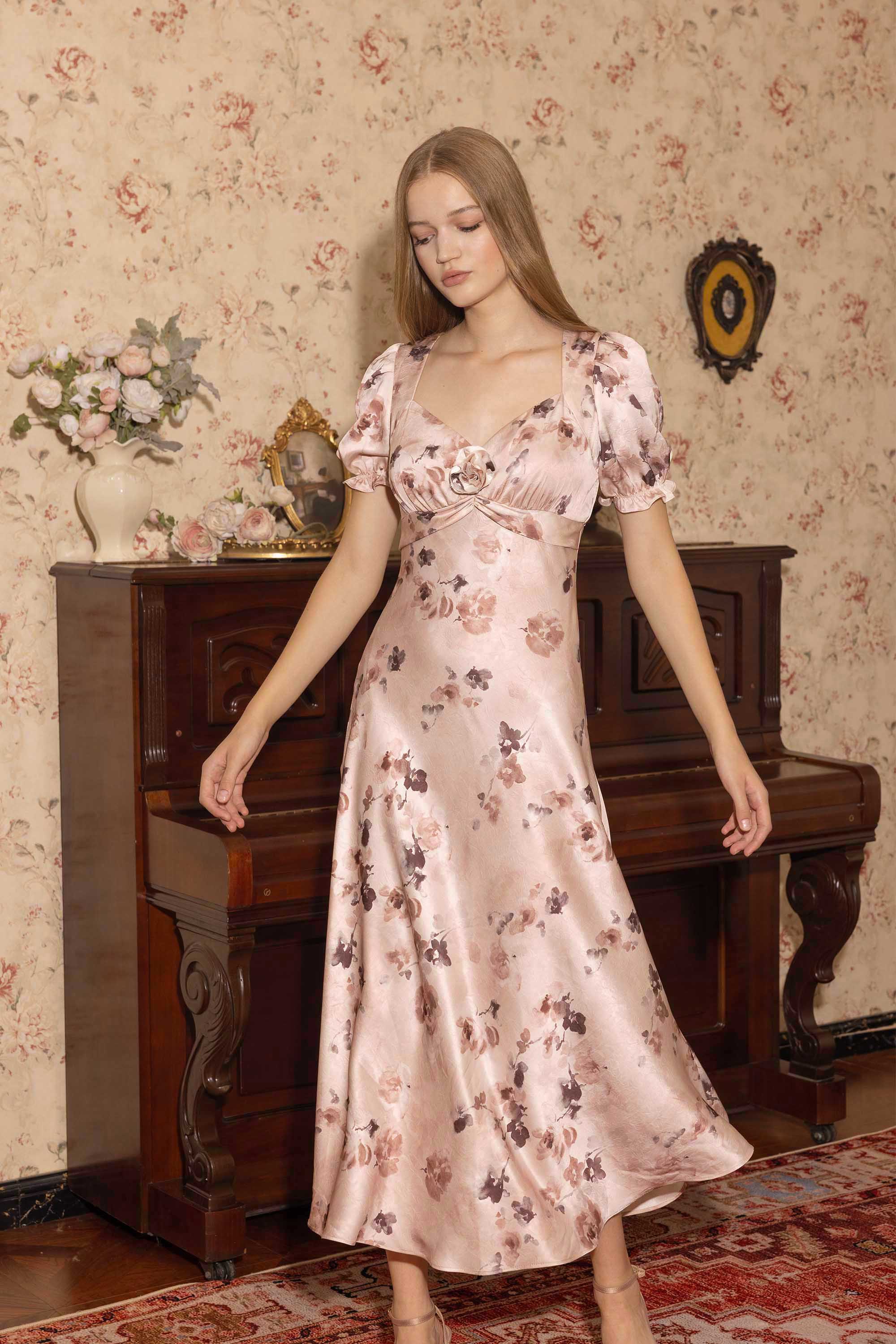 Marge Beige Satin Floral Maxi Dress