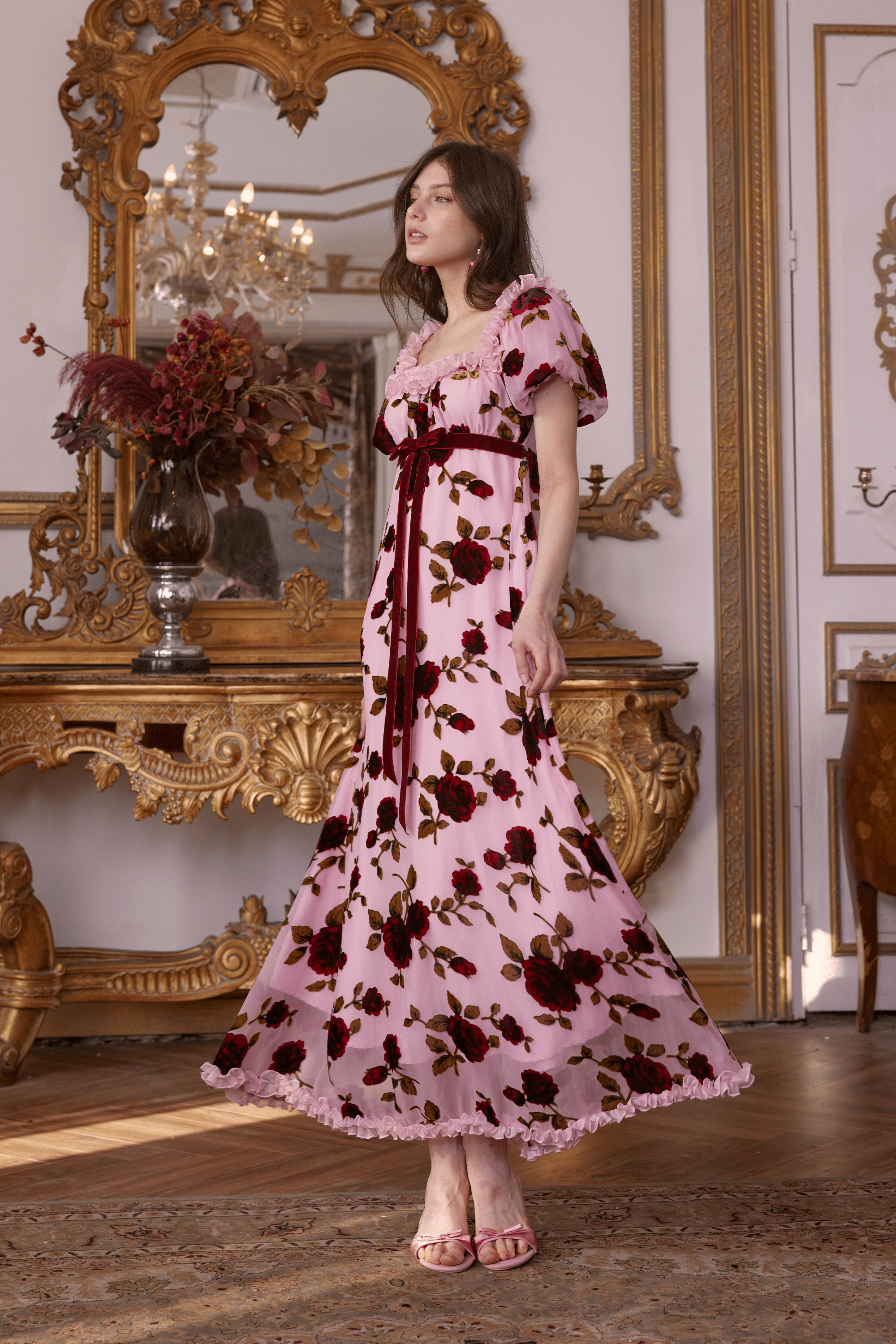 Olivier Squared Neckline Velvet Floral Maxi Dress