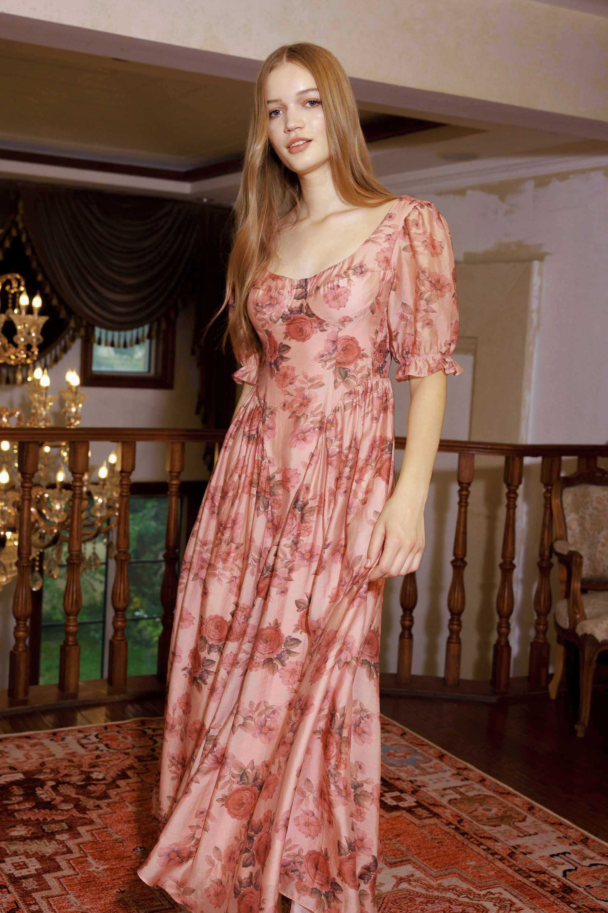 Moren Pink Vintage Floral Midi Dress