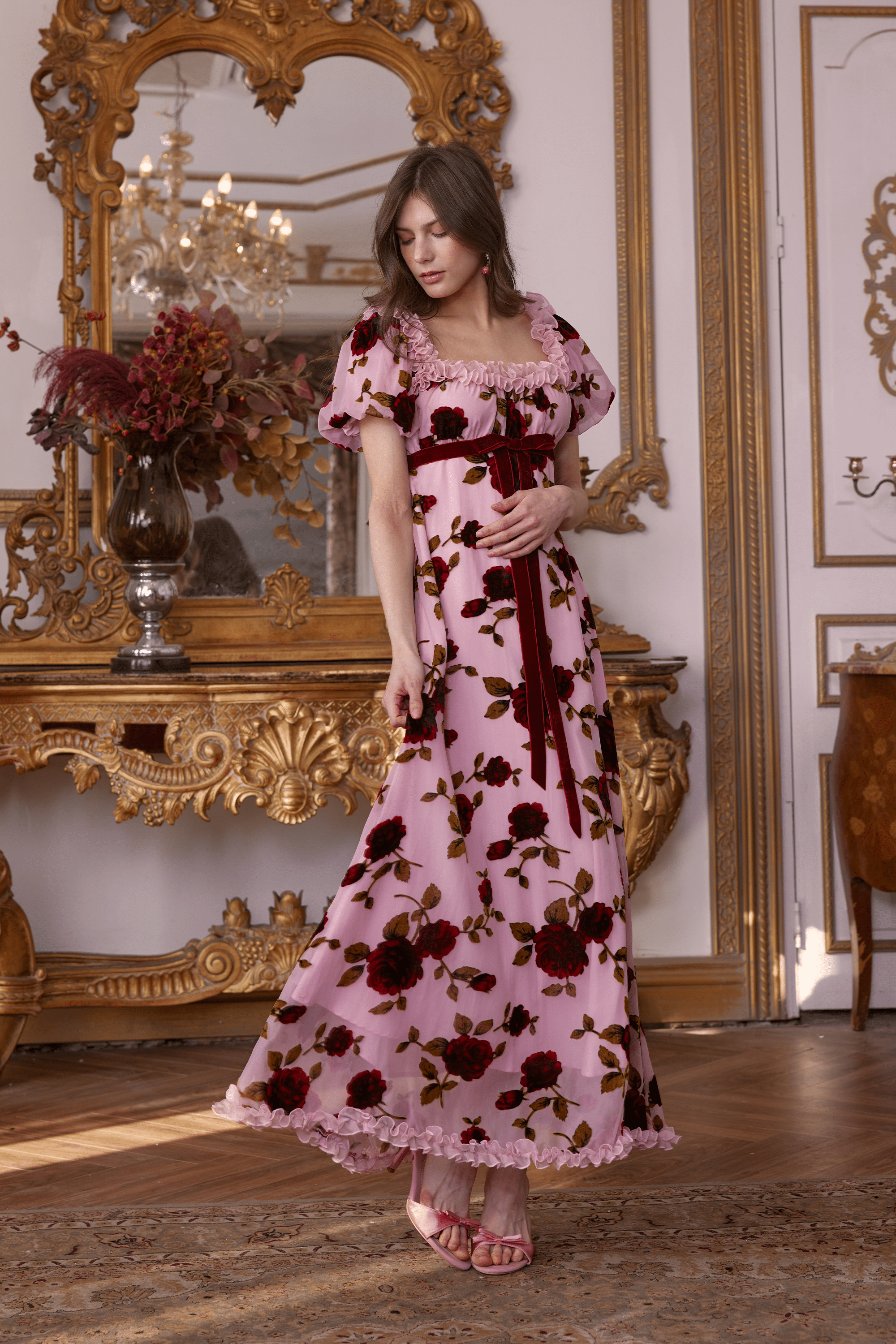 Olivier Squared Neckline Velvet Floral Maxi Dress