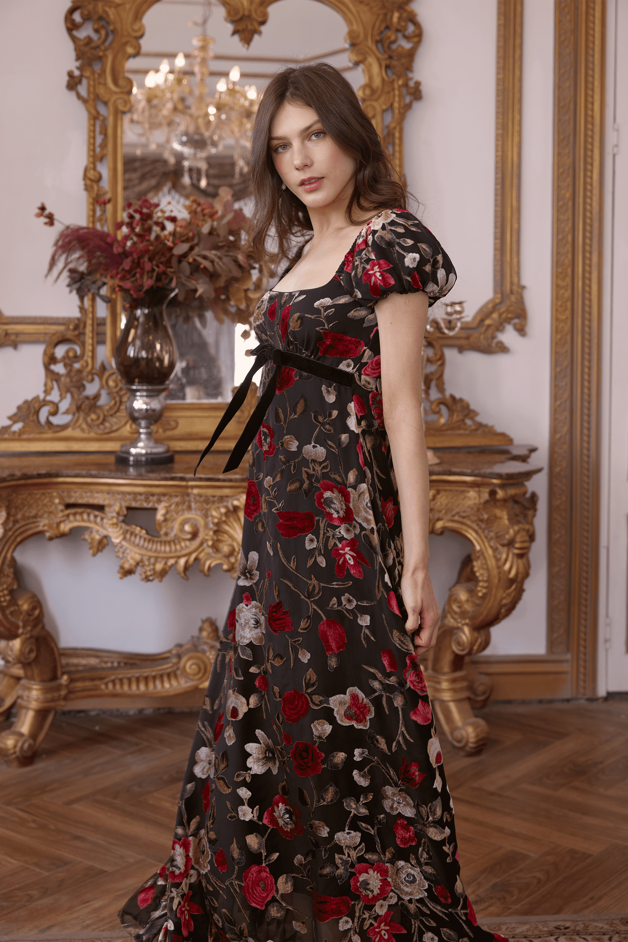 Peltz Squared Neckline Velet Floral Maxi Dress