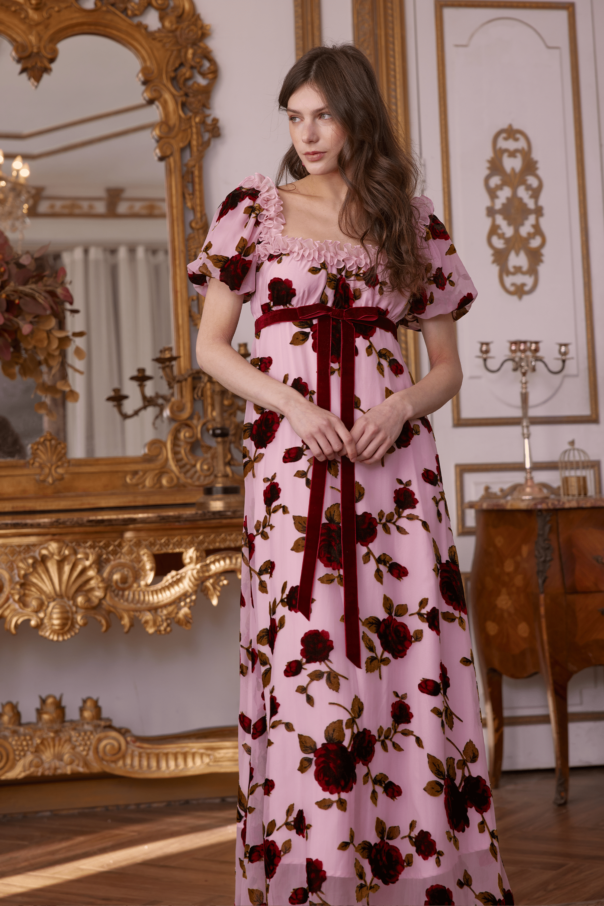 Olivier Squared Neckline Velvet Floral Maxi Dress