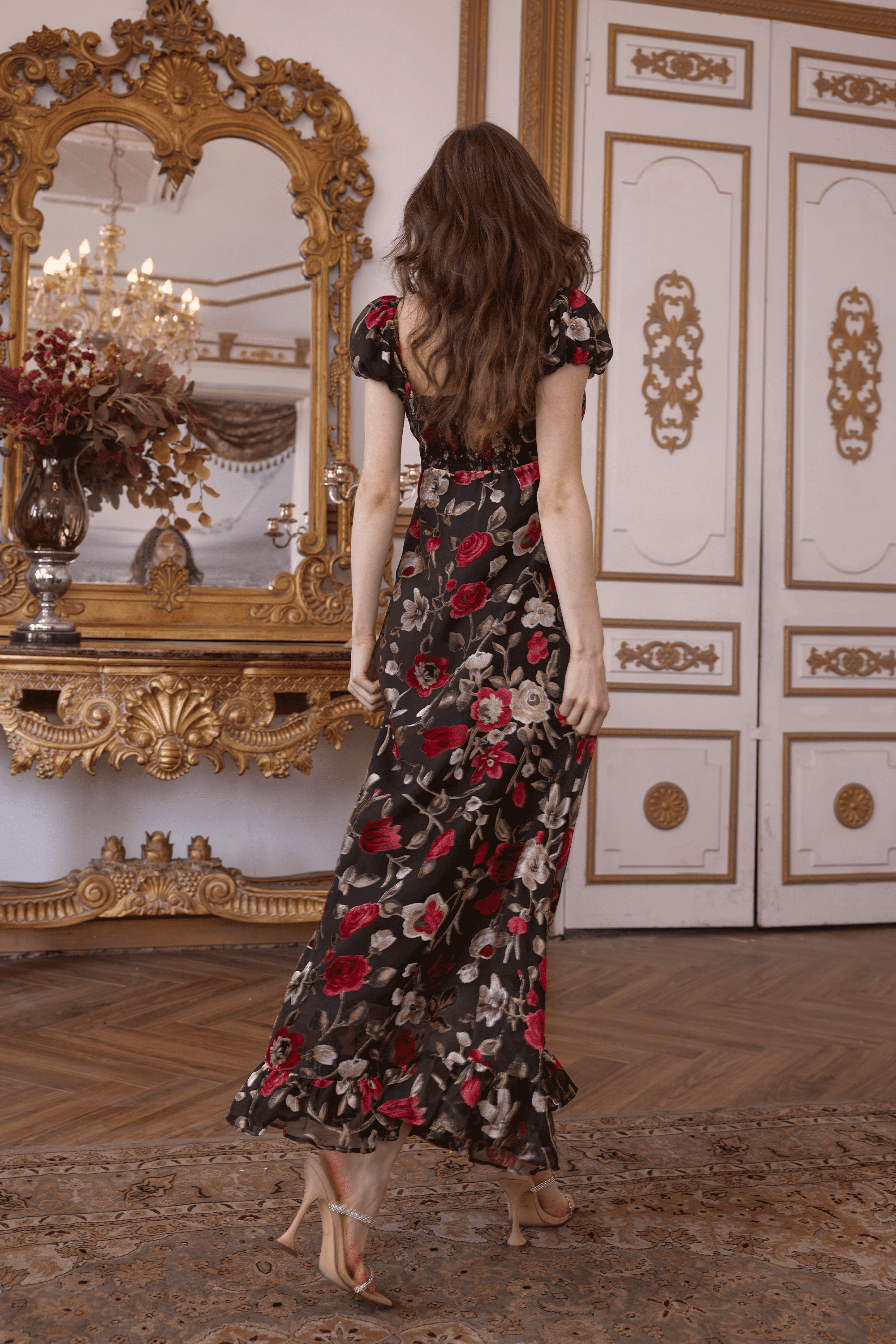 Peltz Squared Neckline Velet Floral Maxi Dress