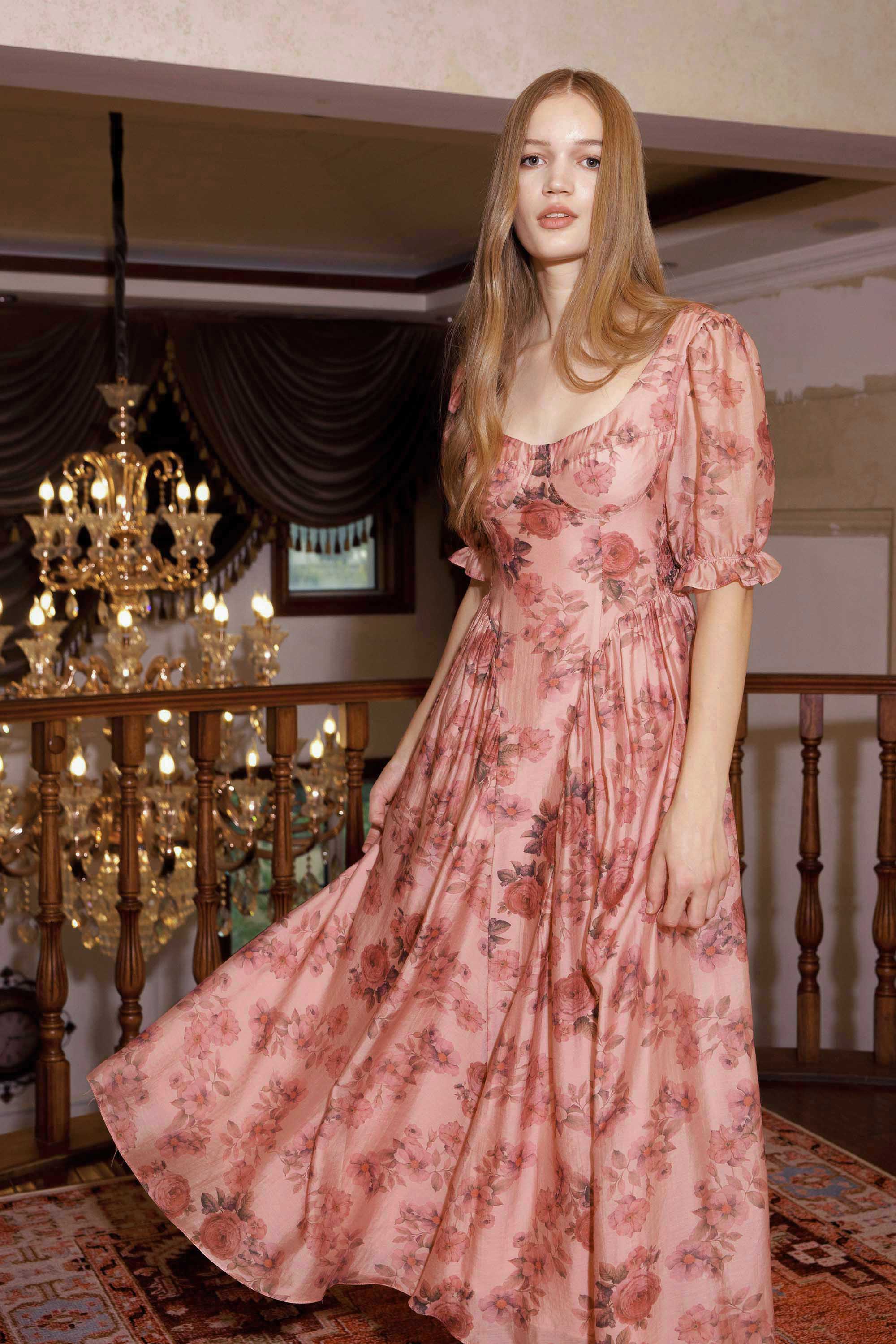 Moren Pink Vintage Floral Midi Dress