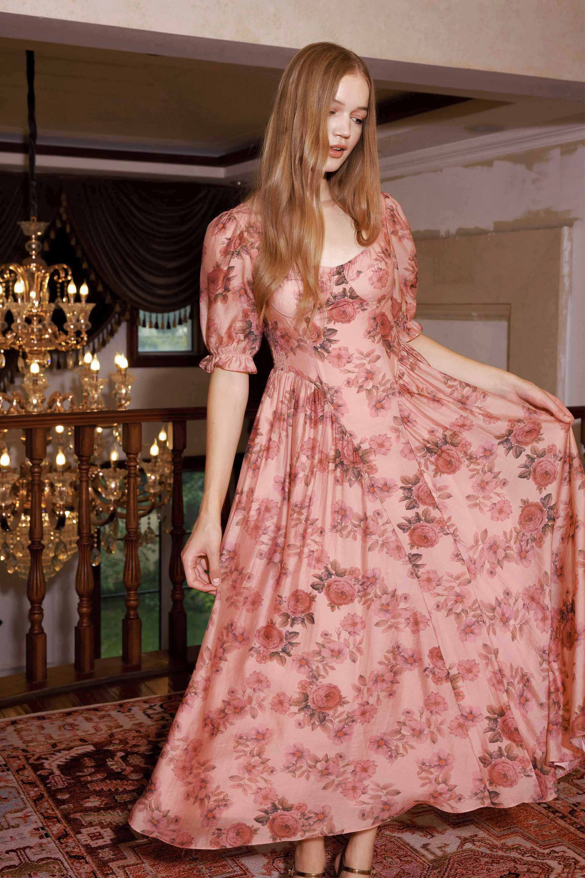 Moren Pink Vintage Floral Midi Dress