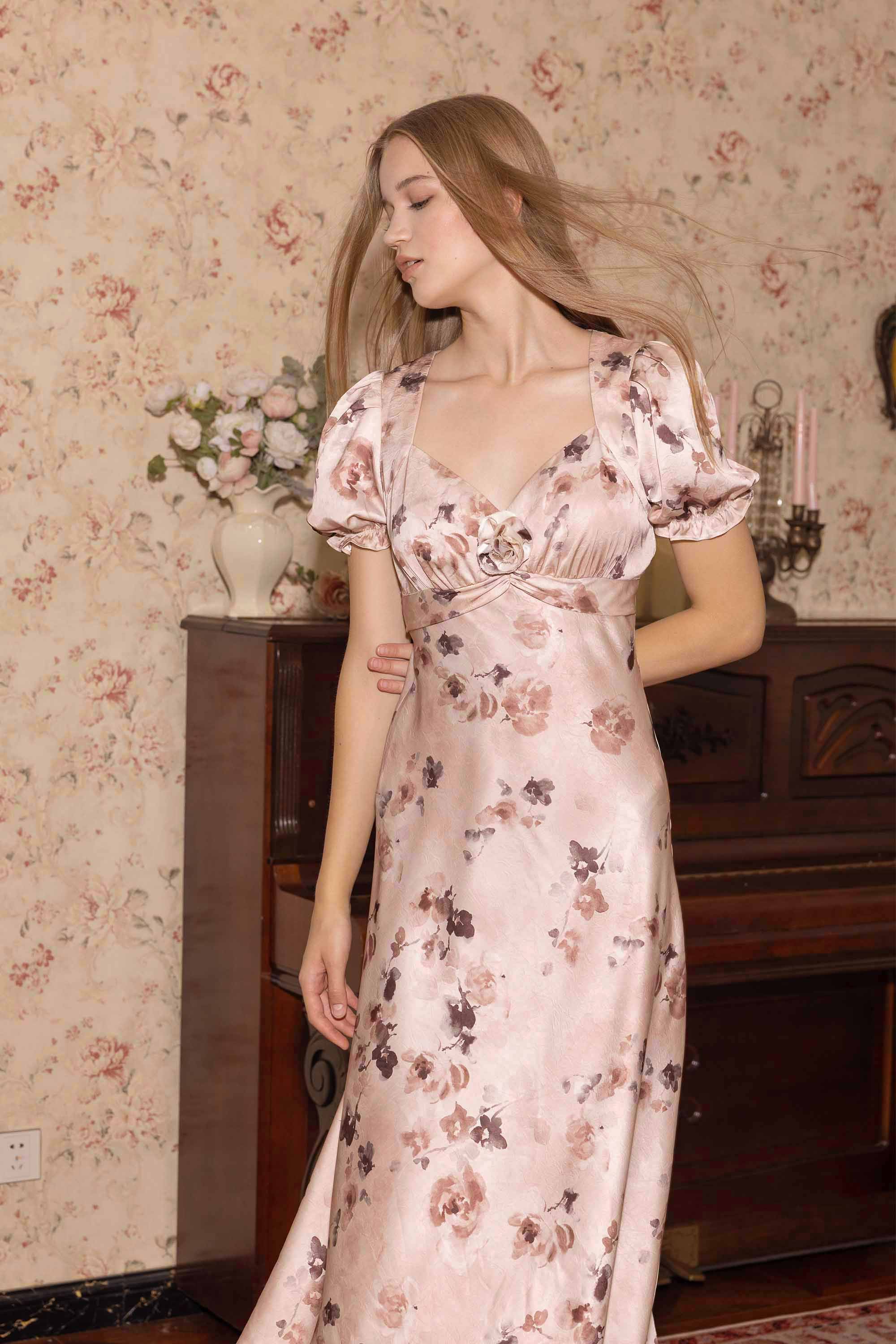 Marge Beige Satin Floral Maxi Dress