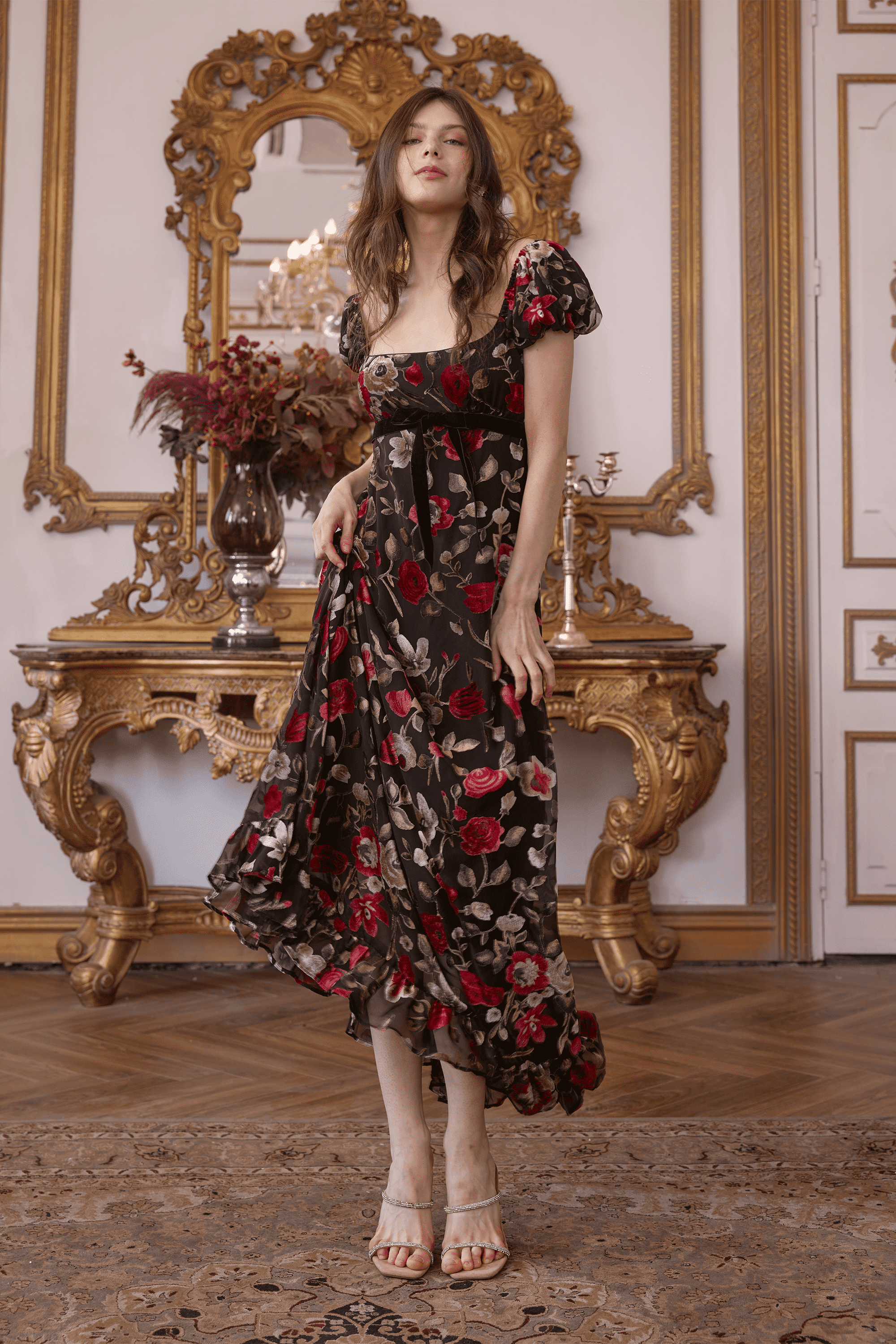 Peltz Squared Neckline Velet Floral Maxi Dress