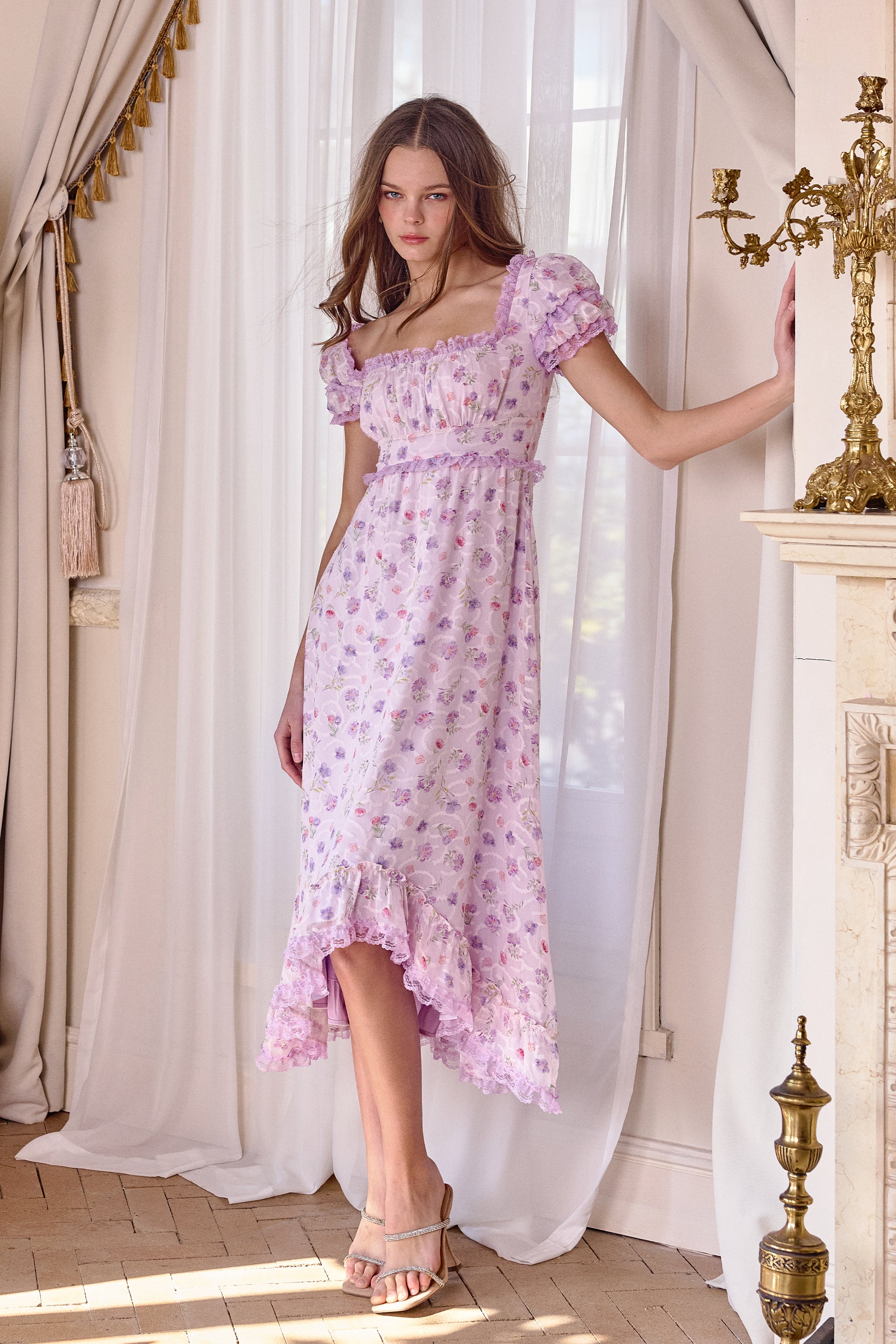 Violet Puff Sleeve Floral Chiffon Midi Dress