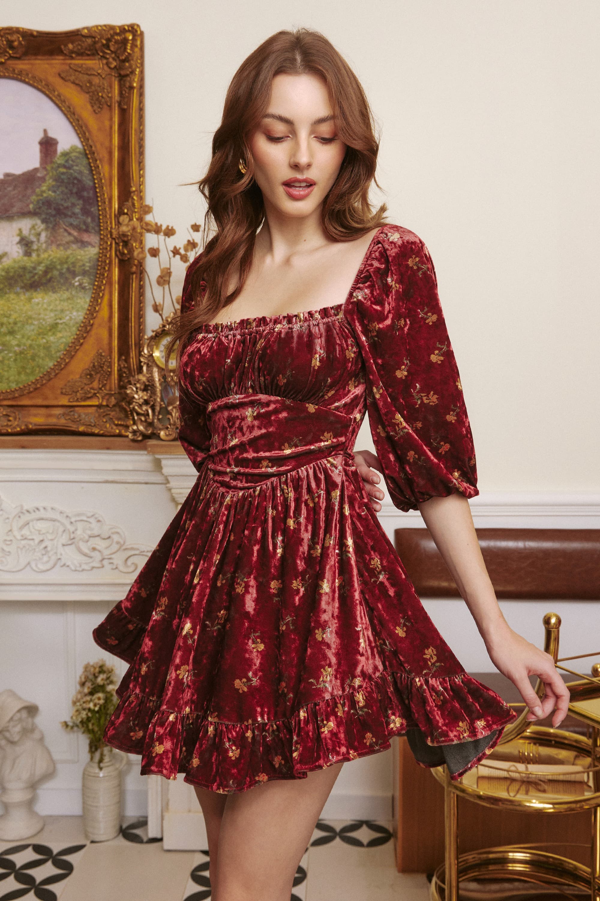 Betty Square Neckline Floral Velvet Dress In Red