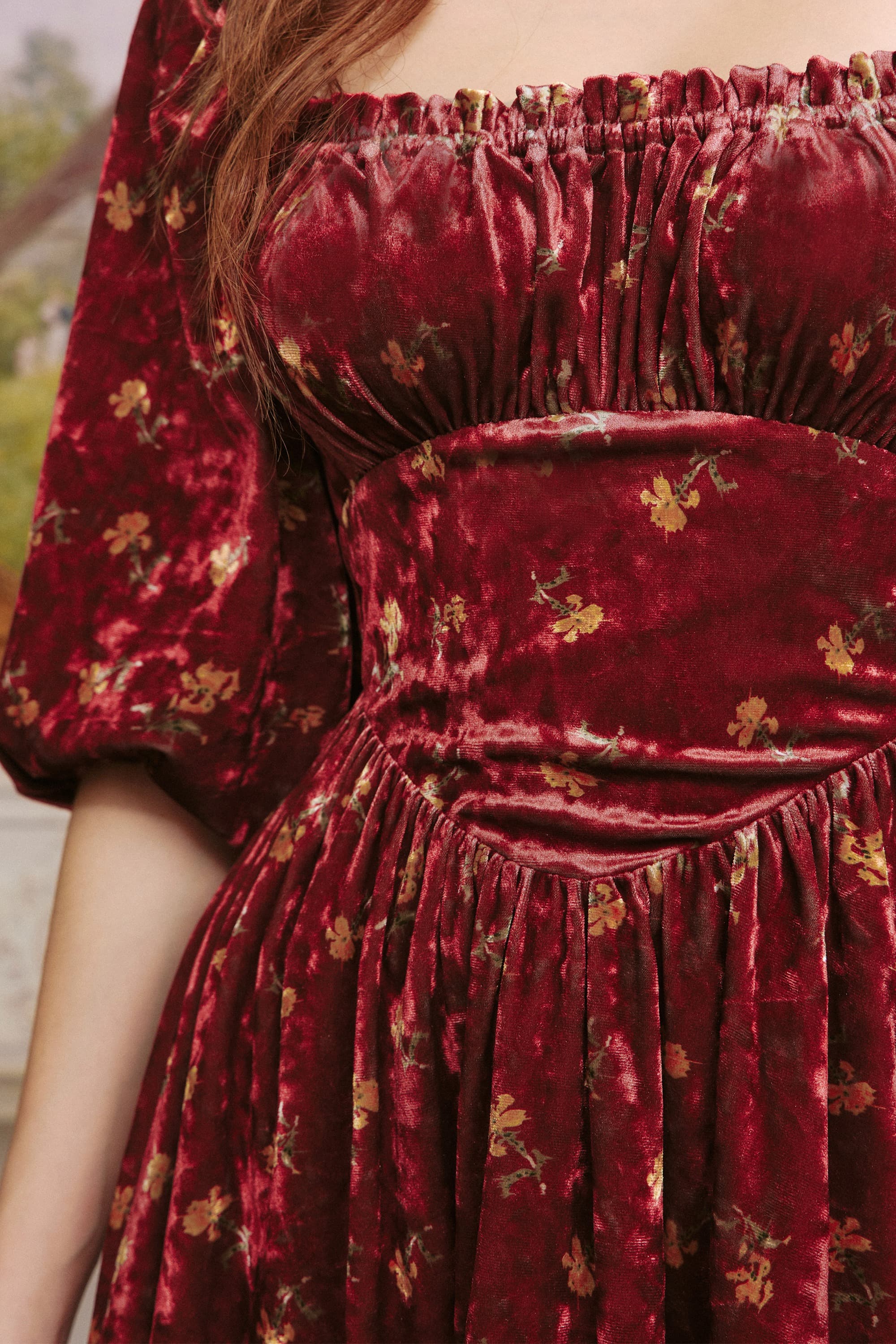 Betty Square Neckline Floral Velvet Dress In Red